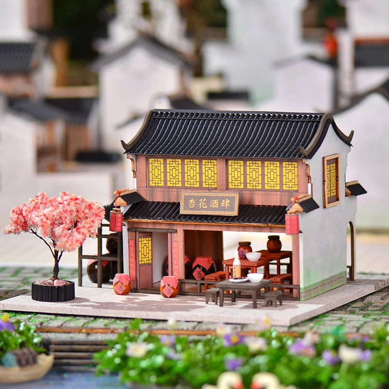 diy国风小屋江南小镇场景手工拼装制作模型徽派建筑杏花酒肆