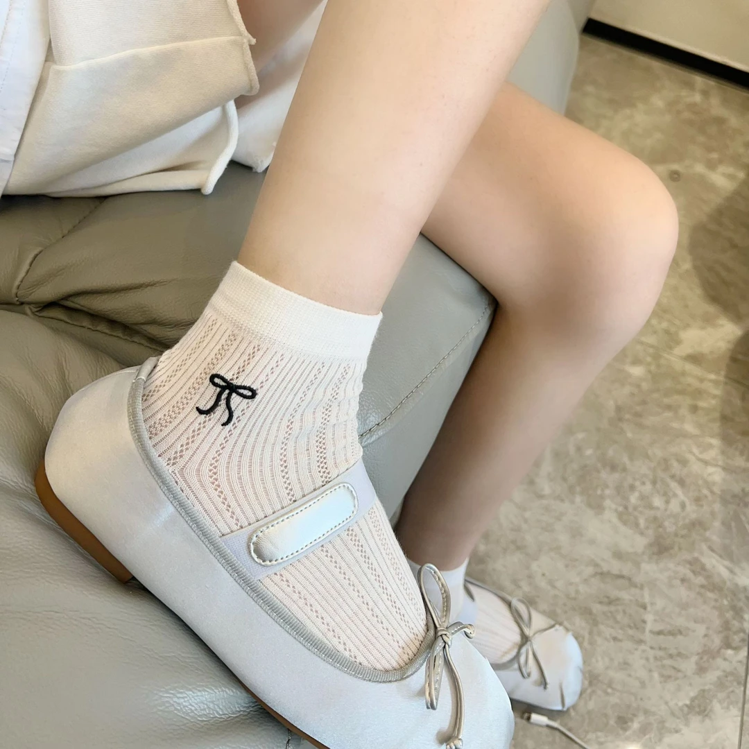 夏季薄款无骨袜子蝴蝶结夏天网眼透气短袜日系miu风镂空白色袜子