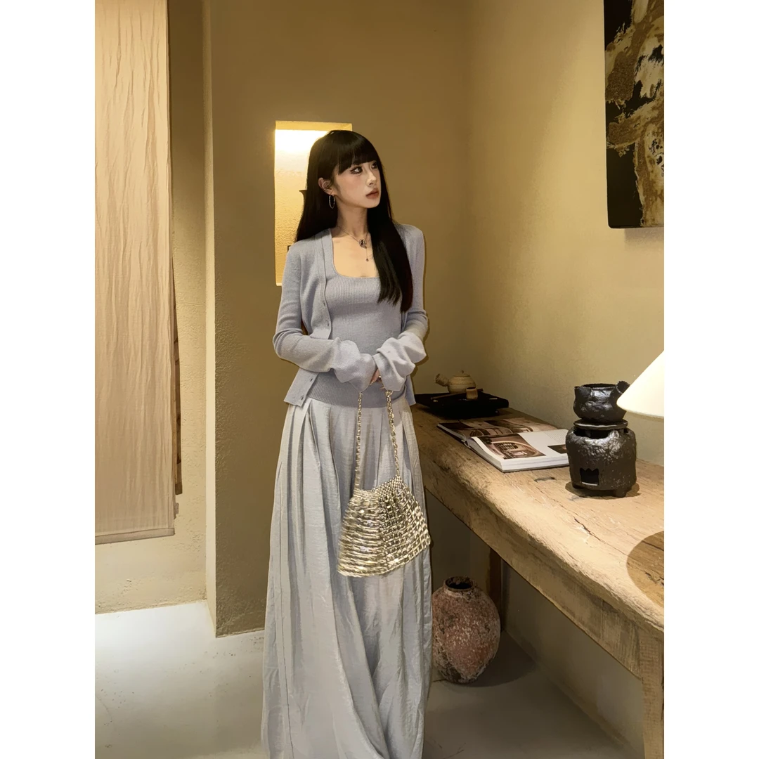 针织开衫外套女秋季长袖薄款设计感阔腿垂感拖地荡长裤子两件套装