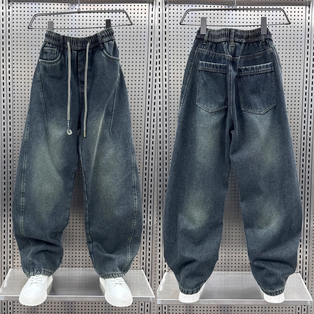2024秋冬加绒复古做旧牛仔裤男士宽松潮流百搭美式休闲直筒弯刀裤