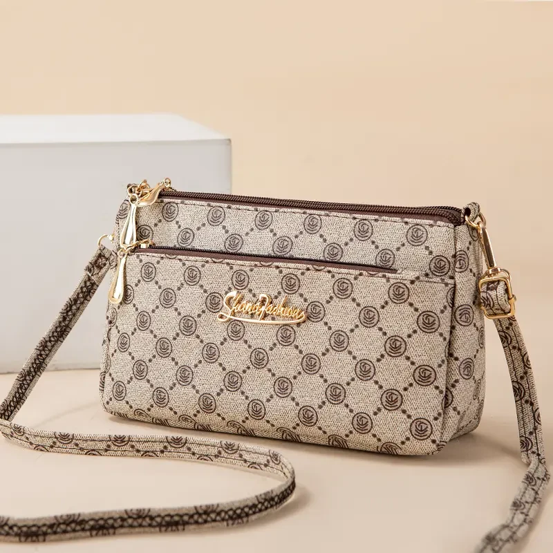 时尚中老年印花斜挎包双拉链妈妈女包包休闲百搭单肩包轻便手机包