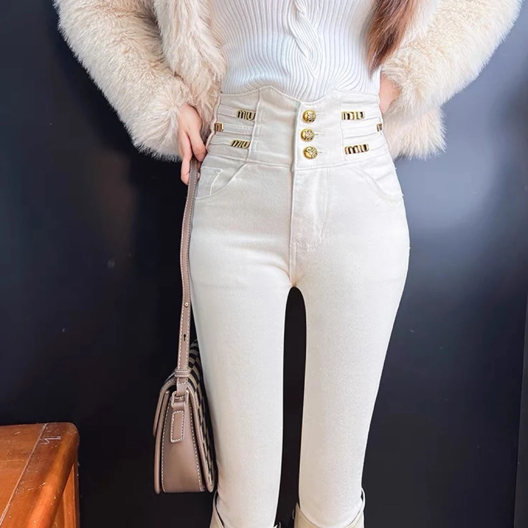 欧货米白色高腰牛仔裤女2024春秋新款显瘦修身紧身加绒小脚铅笔裤