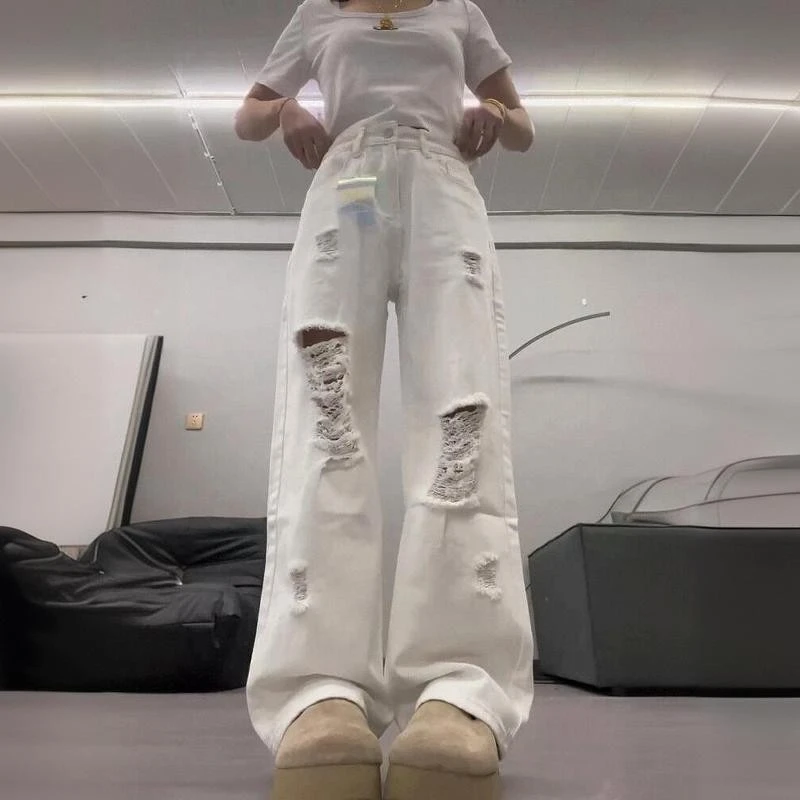 大码高腰白色破洞阔腿牛仔裤女胖mm百搭宽松直筒显瘦垂感拖地长裤
