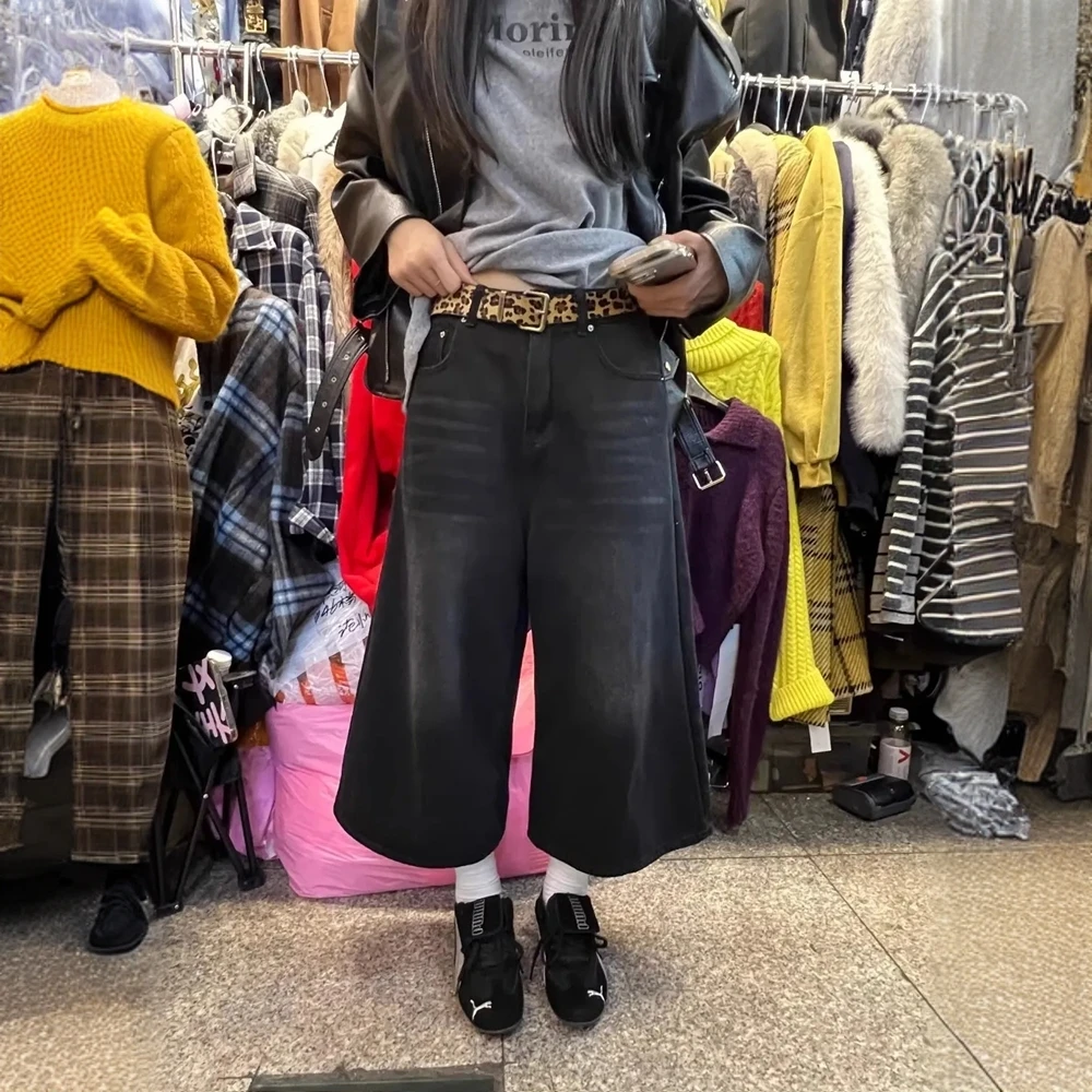 美式高街vibe复古七分牛仔裤女复古宽松显瘦百搭高腰直筒阔腿裤子