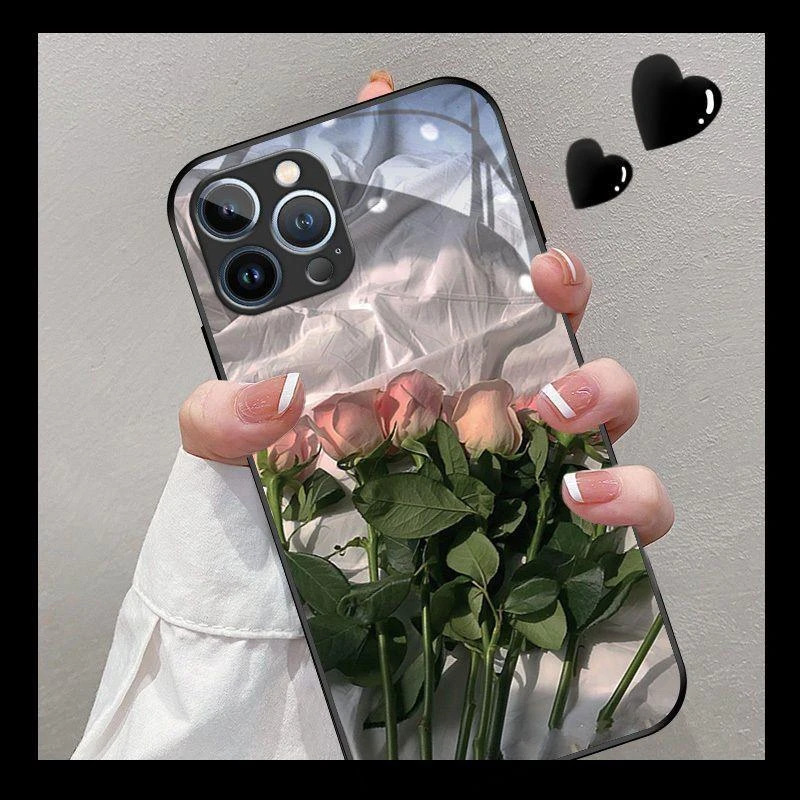 褶皱玫瑰花苹果15手机壳玻璃iPhone13ProMax全包高级12/11保护套X