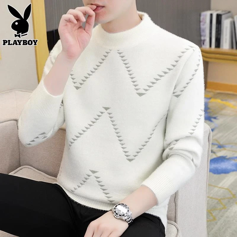 花花公子水貂绒毛衣男士春冬季半高领加厚保暖潮流打底针织衫男款