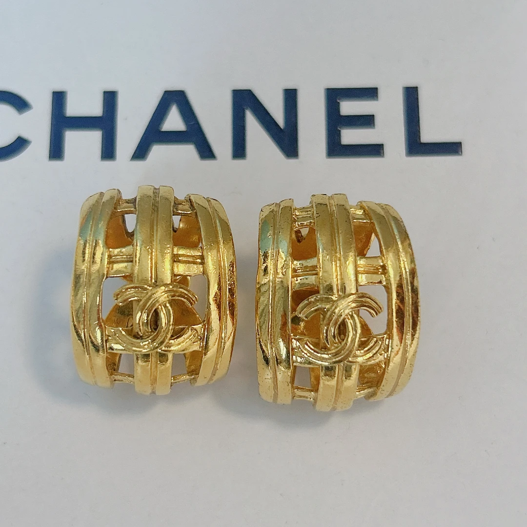 95新 Chanel/香奈儿 Chanel vintage香奈儿中古素金编织鸟笼耳夹