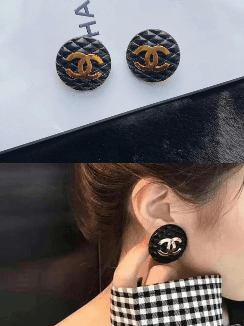 95新 Chanel/香奈儿 Chanel vintage香奈儿中古黑金菱格耳夹