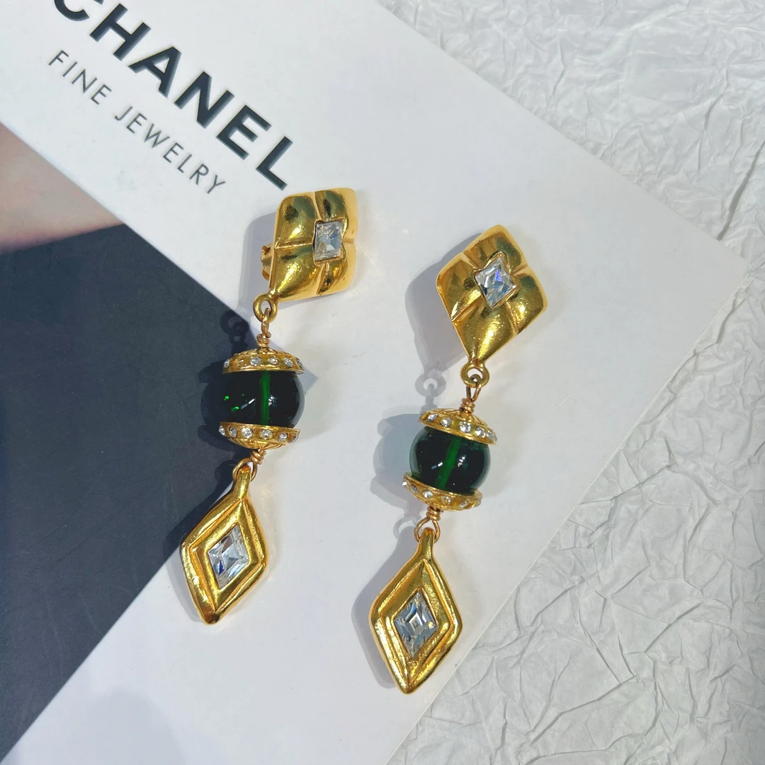 95新 Chanel/香奈儿 Chanel vintage香奈儿中古钻钻绿琉璃耳夹