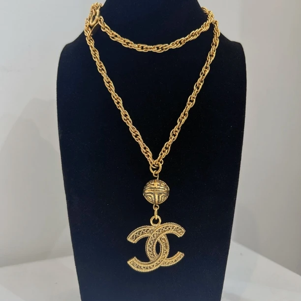 95新 Chanel/香奈儿 Chanel vintage香奈儿中古雕花金球双c项链