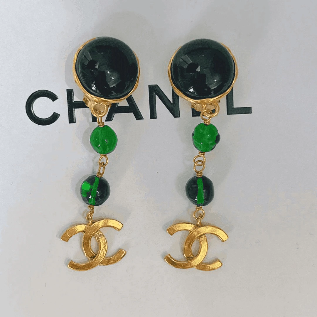 95新 Chanel/香奈儿 Chanel vintage香奈儿中古绿琉璃耳夹