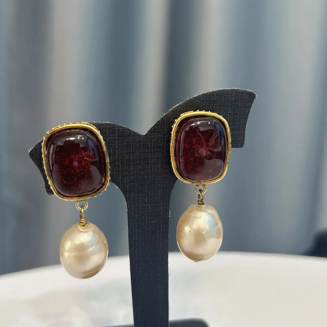95新 Chanel/香奈儿 Chanel vintage香奈儿中古珍珠紫琉璃耳夹