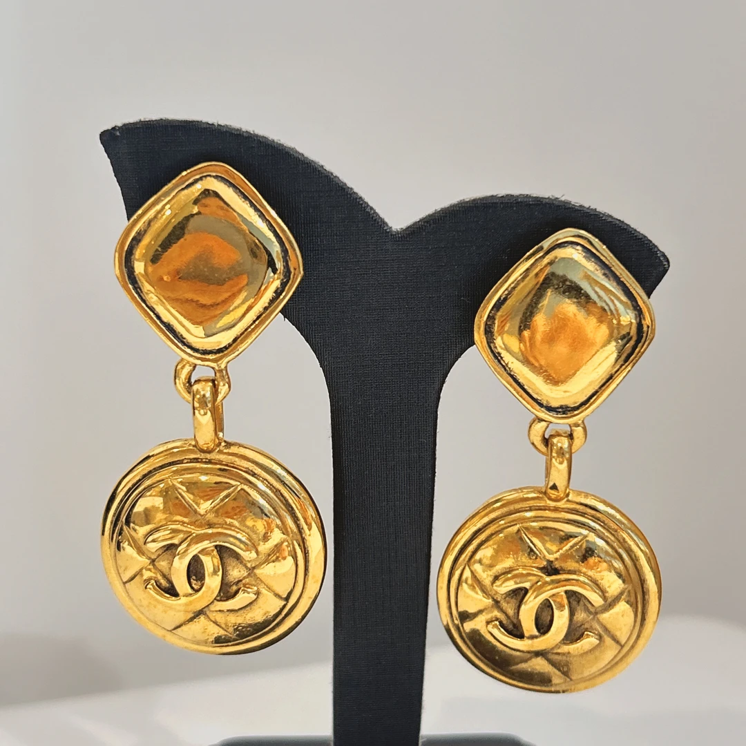 95新 Chanel/香奈儿 Chanel vintage香奈儿中古吊坠菱格耳夹