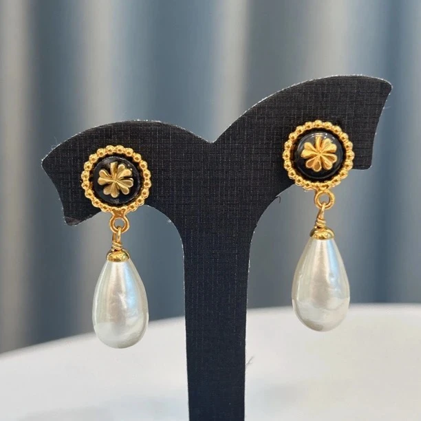 95新 Chanel/香奈儿 Chanel vintage香奈儿中古黑金珍珠耳夹