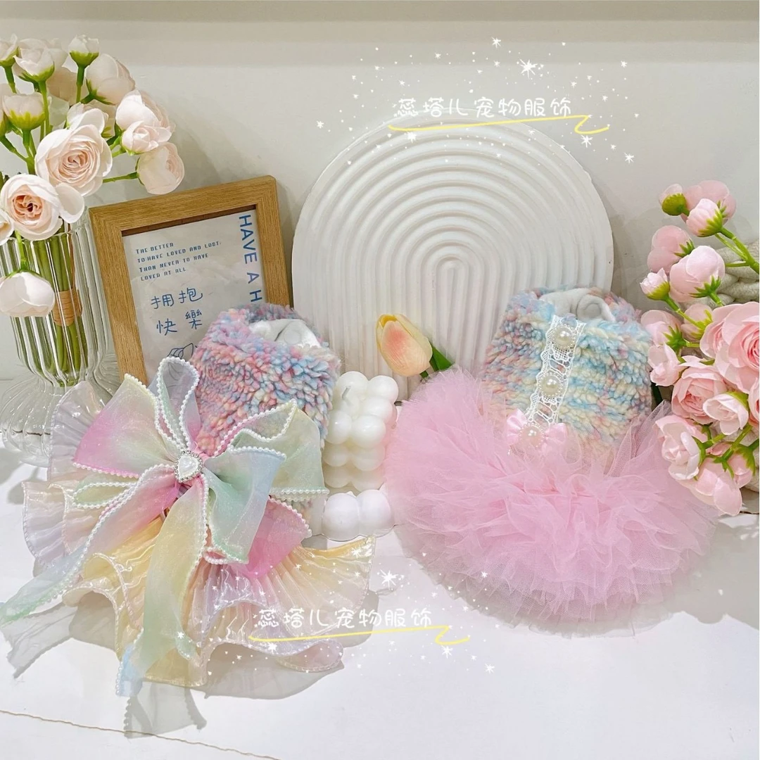 狗狗棉服小香风超小体羊羔绒蓬蓬裙保暖仙气大蝴蝶牵引扣突突裙子