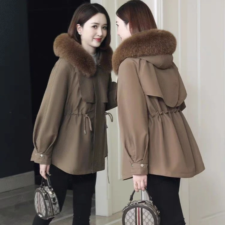 (YM)2023新款女(万人迷)时尚百搭派克服韩版宽松保暖狐狸毛领冬季