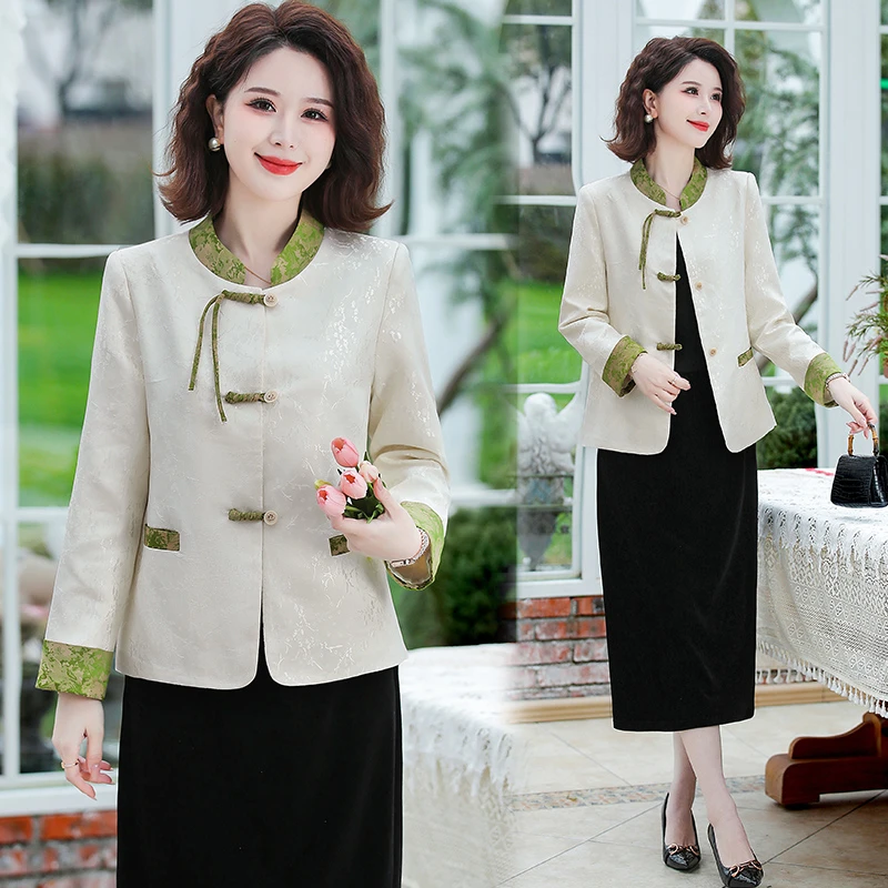 新款洋气妈妈中式盘扣外套女春秋国风上衣提花中老年女装短款外套