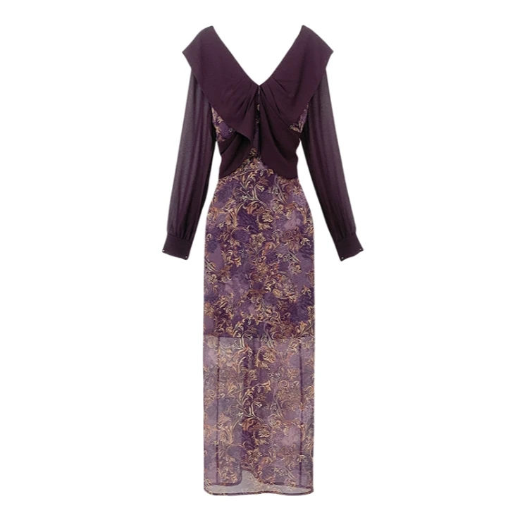 【金穗】秋季新款紫韵金辉法式端庄收腰显瘦连衣裙-CY0671