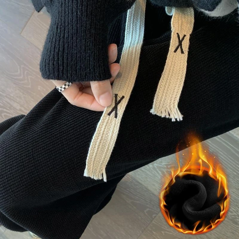 欧棉绒阔腿裤女秋冬加绒加厚宽松直筒显瘦百搭高腰窄版针织裤子