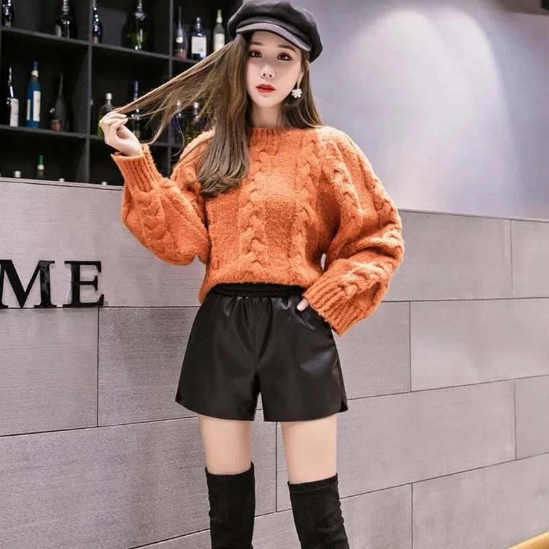 皮短裤女外穿新款2022秋冬高腰PU短裤松紧腰阔腿休闲显瘦打底靴裤