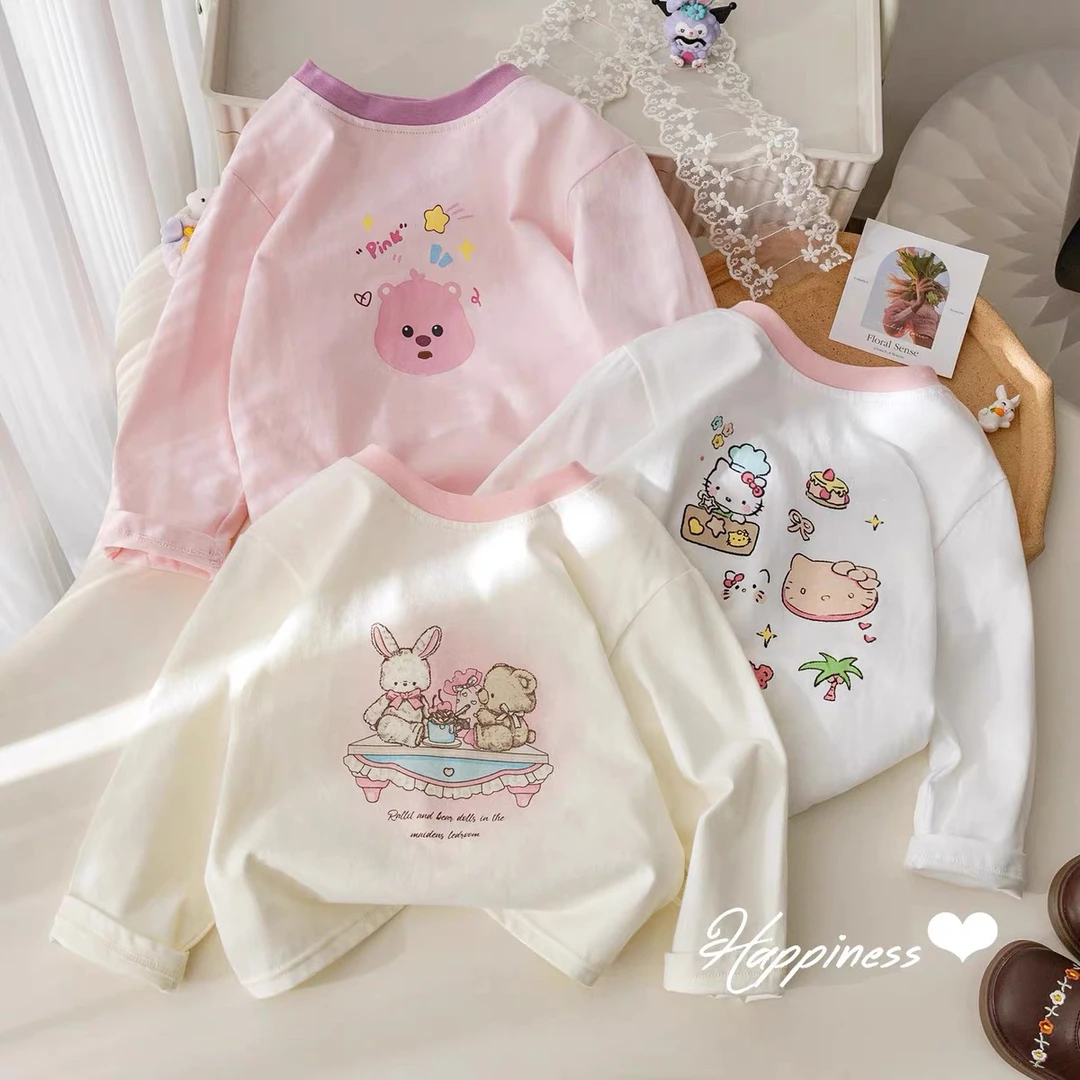 女童长袖T恤春秋款韩版时髦卡通印花撞色打底衫女宝宝可爱秋装