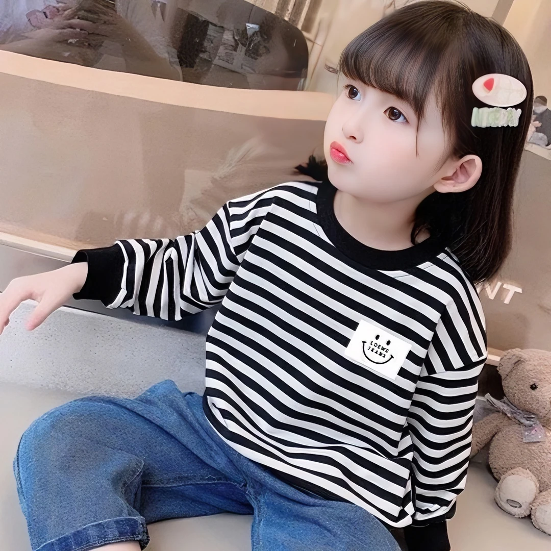 童装2025新款春秋女童条纹卫衣长袖百搭中大童t恤宝宝上衣打底衫