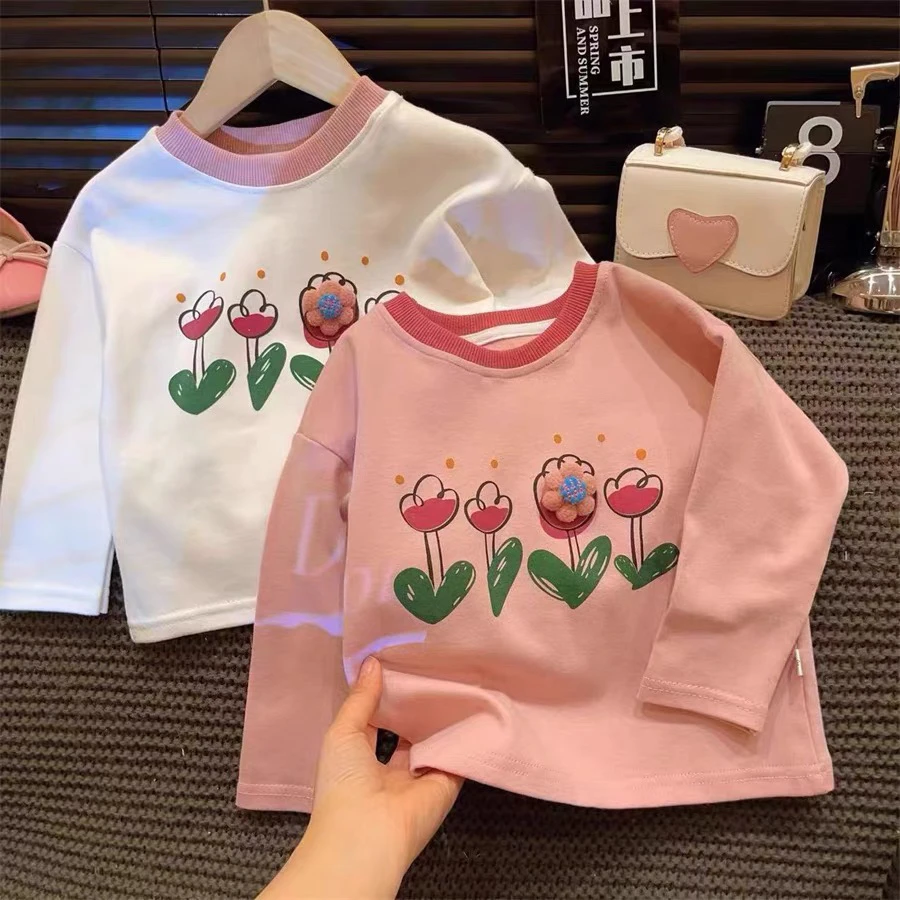 女童小花纯棉长袖T恤2025春季新款童装女宝印花打底衫儿童上衣