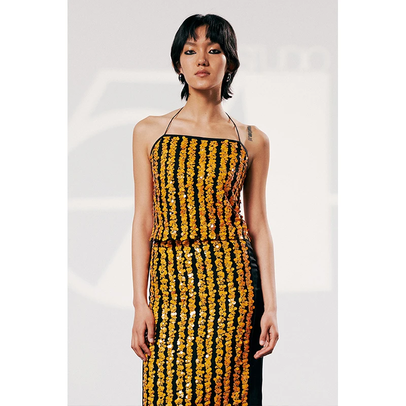 【10 ROUN】nound买手店桔色亮片装饰露背挂脖吊带背心女24春夏新款