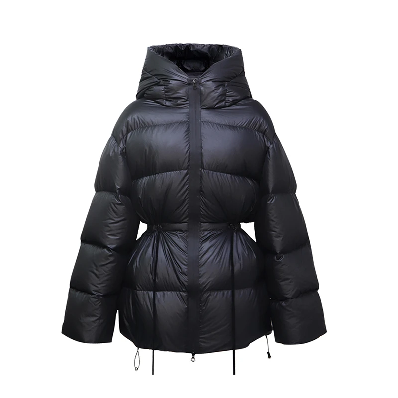 nound买手店OK ou non设计师品牌防寒连帽收腰白鸭绒黑长羽绒服女