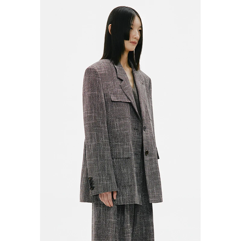 nound买手店RODERIC WONG深棕色麻感三开身格子西装外套女2023秋