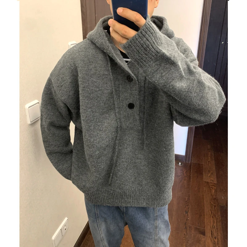 美式复古灰色连帽毛衣男秋冬慵懒风高级感cleanfit针织衫卫衣外套