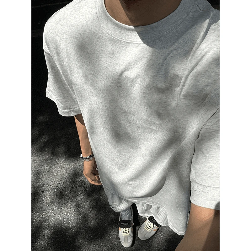 浅灰色新疆长绒棉t恤男300g重磅小领口正肩短袖夏季cleanfit半袖