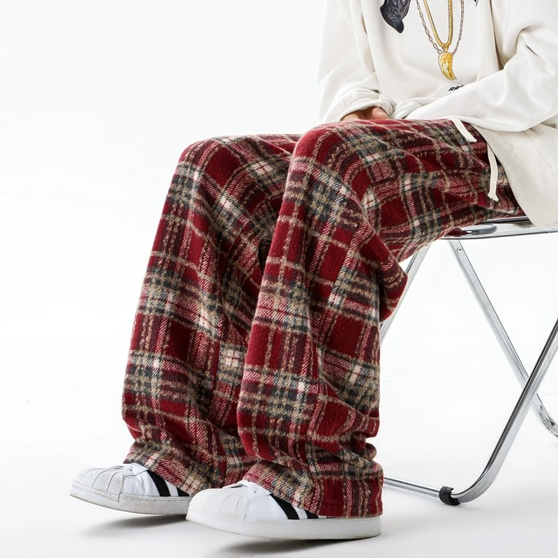 酒红色毛呢格子裤子男女秋冬加厚复古圣诞裤高级感垂感直筒阔腿裤
