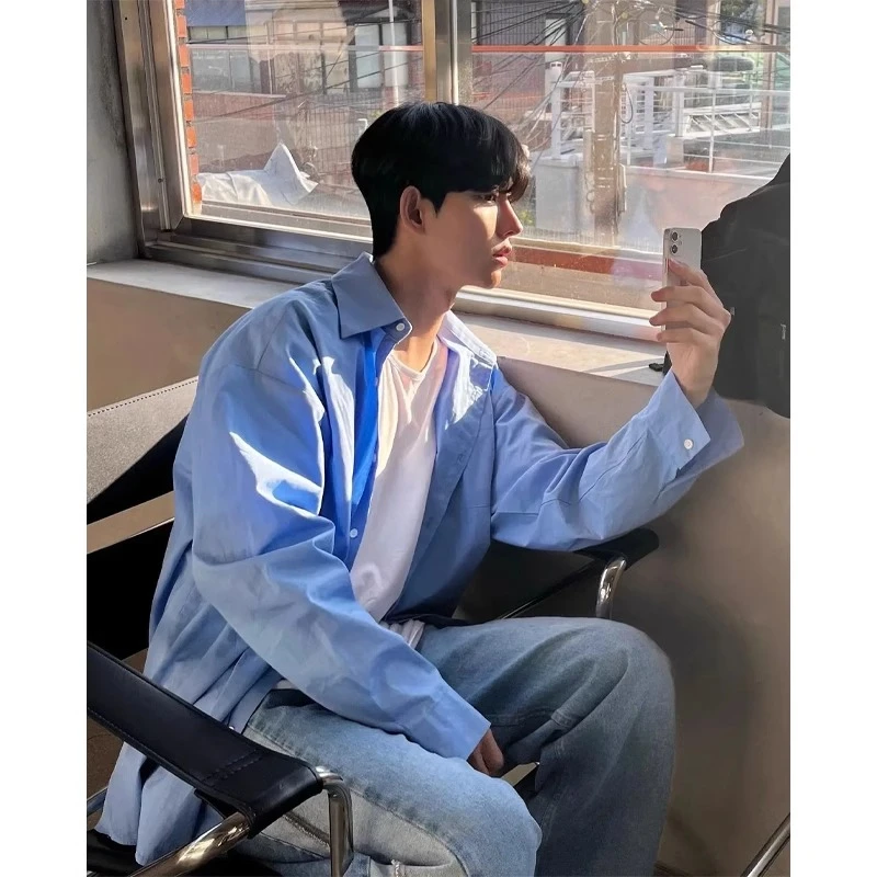 蓝色衬衫男长袖高级感阳光干净男生穿搭cleanfit衬衣夏季薄款外套