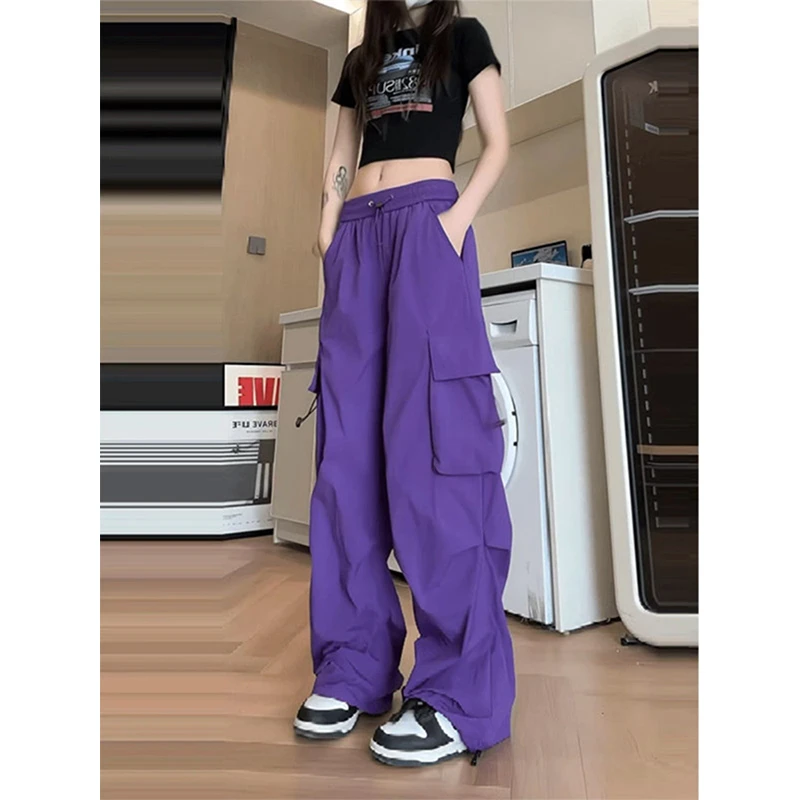 多巴胺乌梅紫色冲锋裤子男秋季美式速干工装裤褶皱微喇降落伞兵裤