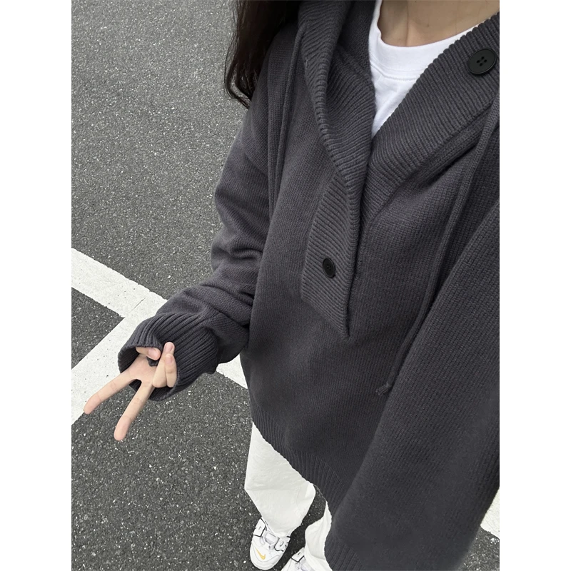 深灰色连帽毛衣男款高级感慵懒风针织衫卫衣美式cleanfit情侣外套