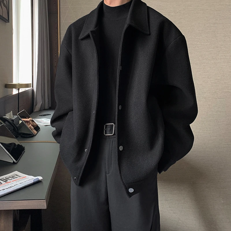 cleanfit黑色毛呢西装外套男款秋冬潮牌美式复古翻领短款呢子夹克