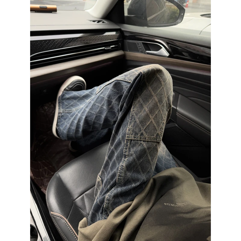 cleanfit菱格提花牛仔裤男设计感高腰微喇裤子美式高街直筒工装裤