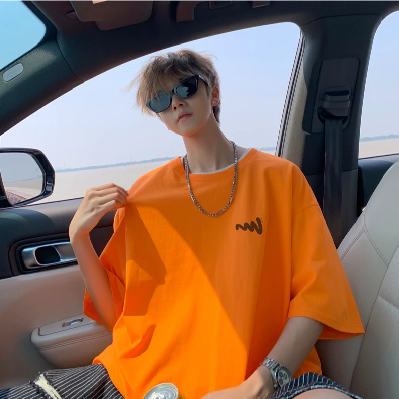 多巴胺穿搭黄橙色t恤男夏季纯棉重磅亮色情侣短袖美式高街五分袖