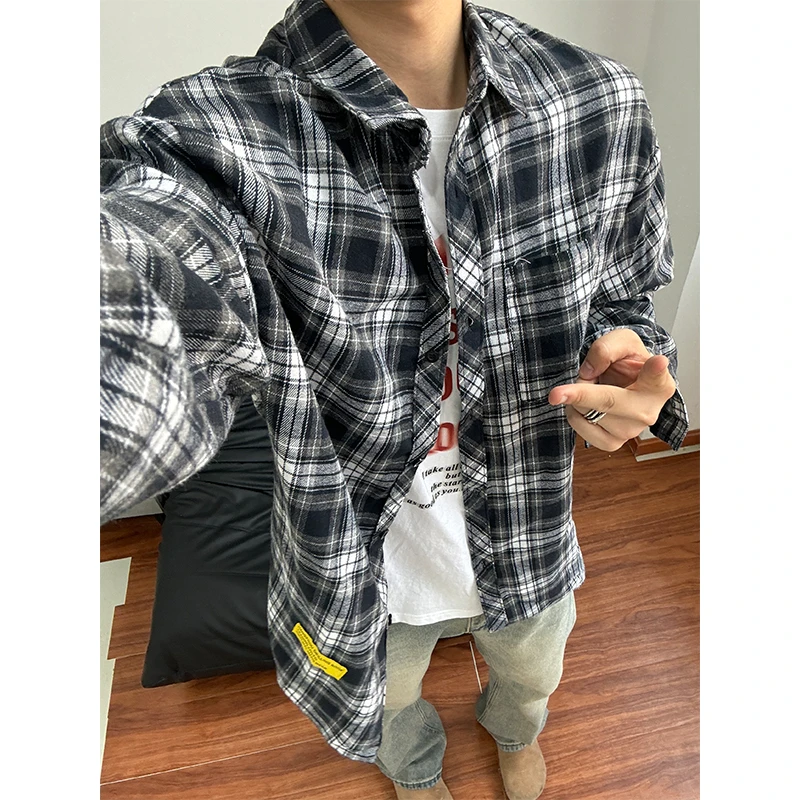 vintage美式黑白格子衬衫男高级感工装长袖衬衣情侣装巴洛克外套