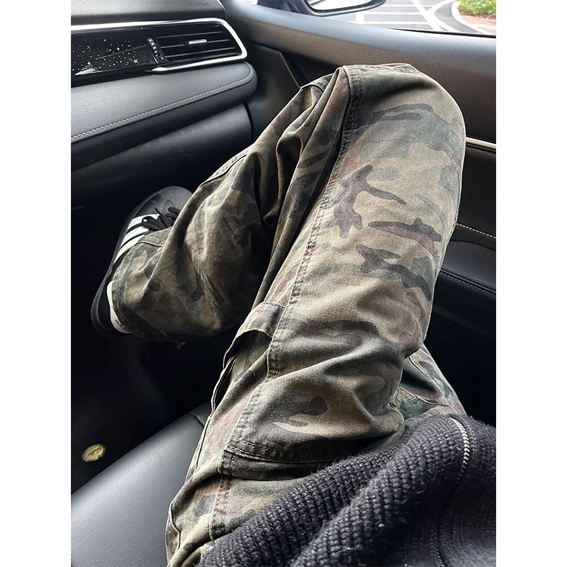 迷彩工装牛仔裤男款广州十三行男装裤子美式潮高街修身微喇伐木裤