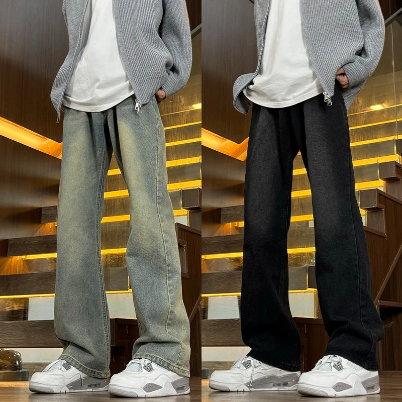 复古蓝微喇叭牛仔裤男窄版直筒vibe裤子高街美式复古显瘦高档长裤