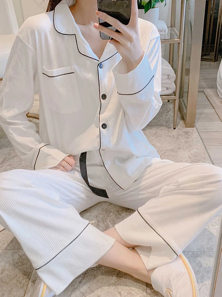 睡衣女春夏季薄款开衫简约甜美穿家居服套装秋天可外