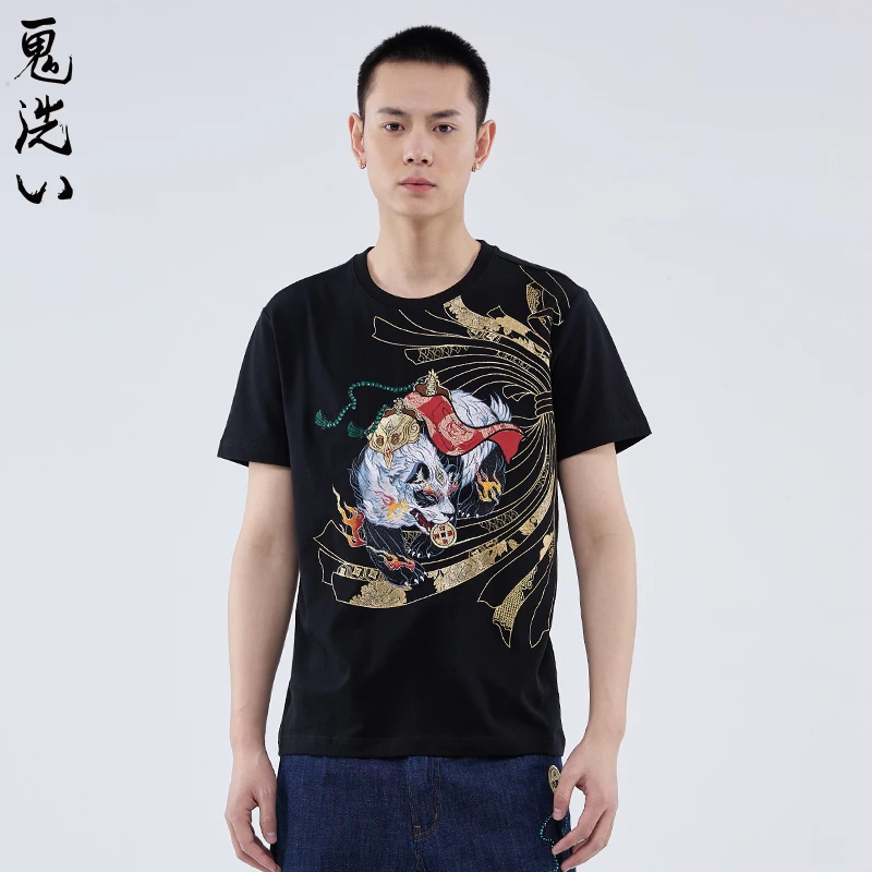 ONIARAI/鬼洗 泥棒蓝转运食铁兽精绣短袖T恤男潮牌刺绣 23NOB35
