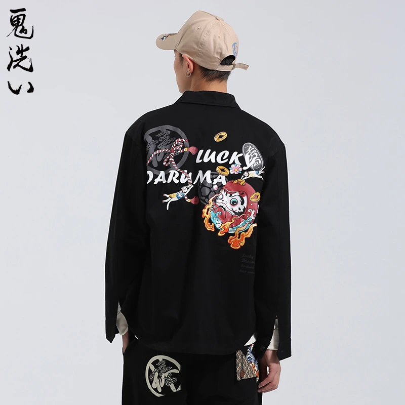 ONIARAI/鬼洗棒系列火烧达摩长袖印绣花男士休闲衬衫外套 N140014