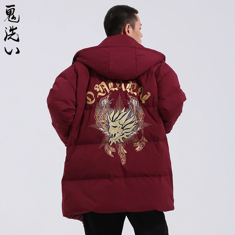 ONIARAI/鬼洗黑金羽翼烫金刺绣中长款工装羽绒服休闲宽松 B340099