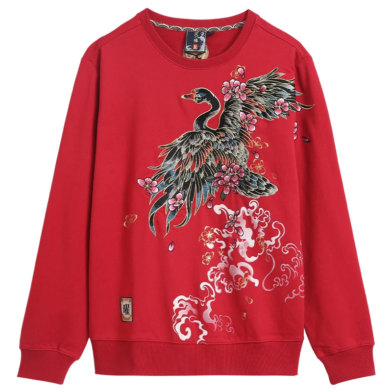 ONIARAI/鬼洗泥棒蓝黑天鹅重工绣花男士长袖圆领套头卫衣 20NOB65