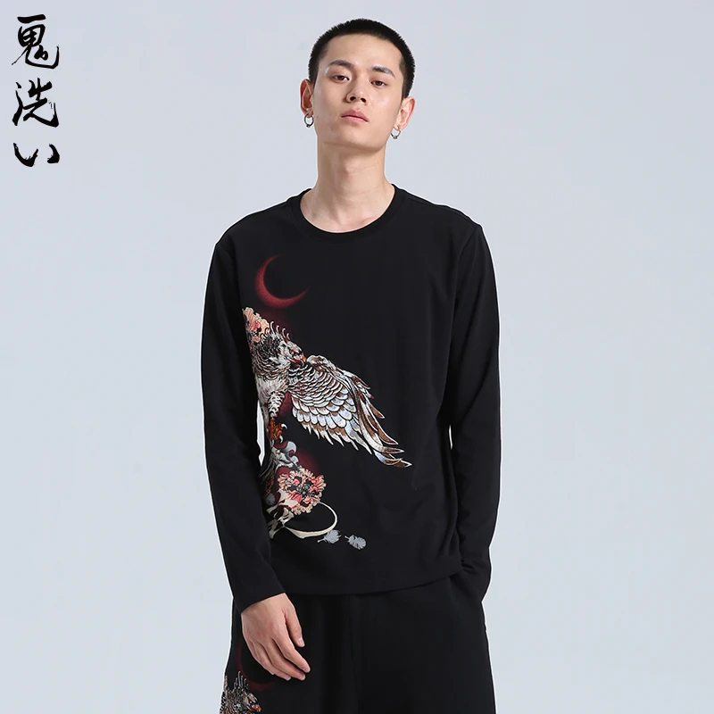 ONIARAI/鬼洗泥棒蓝夜鹰绣印花男士圆领潮流休闲长袖T恤 20NOB57