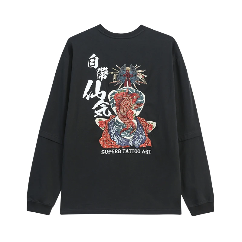 ONIARAI/鬼洗泥棒蓝自带仙气艺伎刺绣假两件长袖T恤棉潮牌N240104