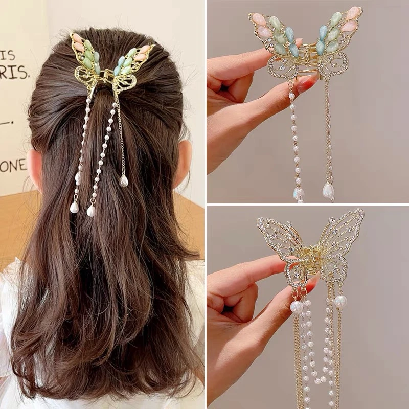 儿童蝴蝶流苏抓夹女童气质发卡后脑勺头饰半扎轻奢小女孩发饰夹子